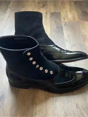 Handmade Men's Black Leather, Suede Side Button Wingtip Ankle Party Wear Boots